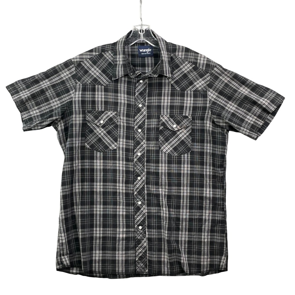 Wrangler Western Shirt Men XLT Black Plaid Pearl Snap Cowboy Tall Rodeo Academia